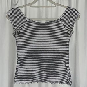 Aeropostale blue and white striped off the shoulder cropped lettuce hem shirt